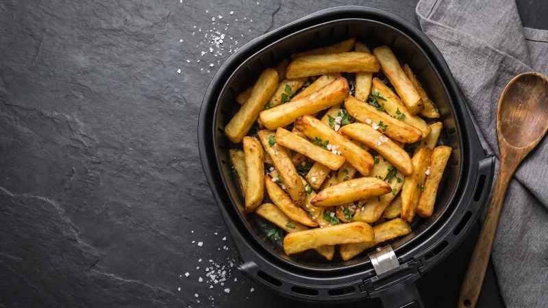 Illustrative photo of golden chips in a black air fryer basket