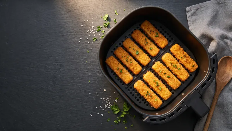 Illustrative photo of breaded fish fingers in a black air fryer basket