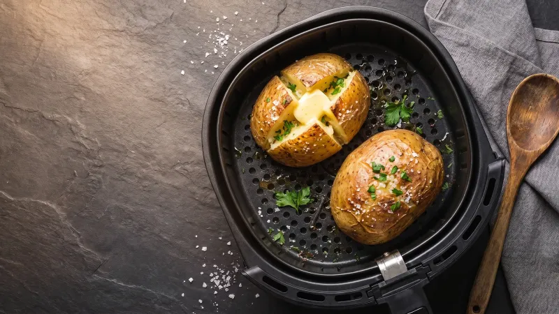 Illustrative photo of a whole jacket potato in a black air fryer basket