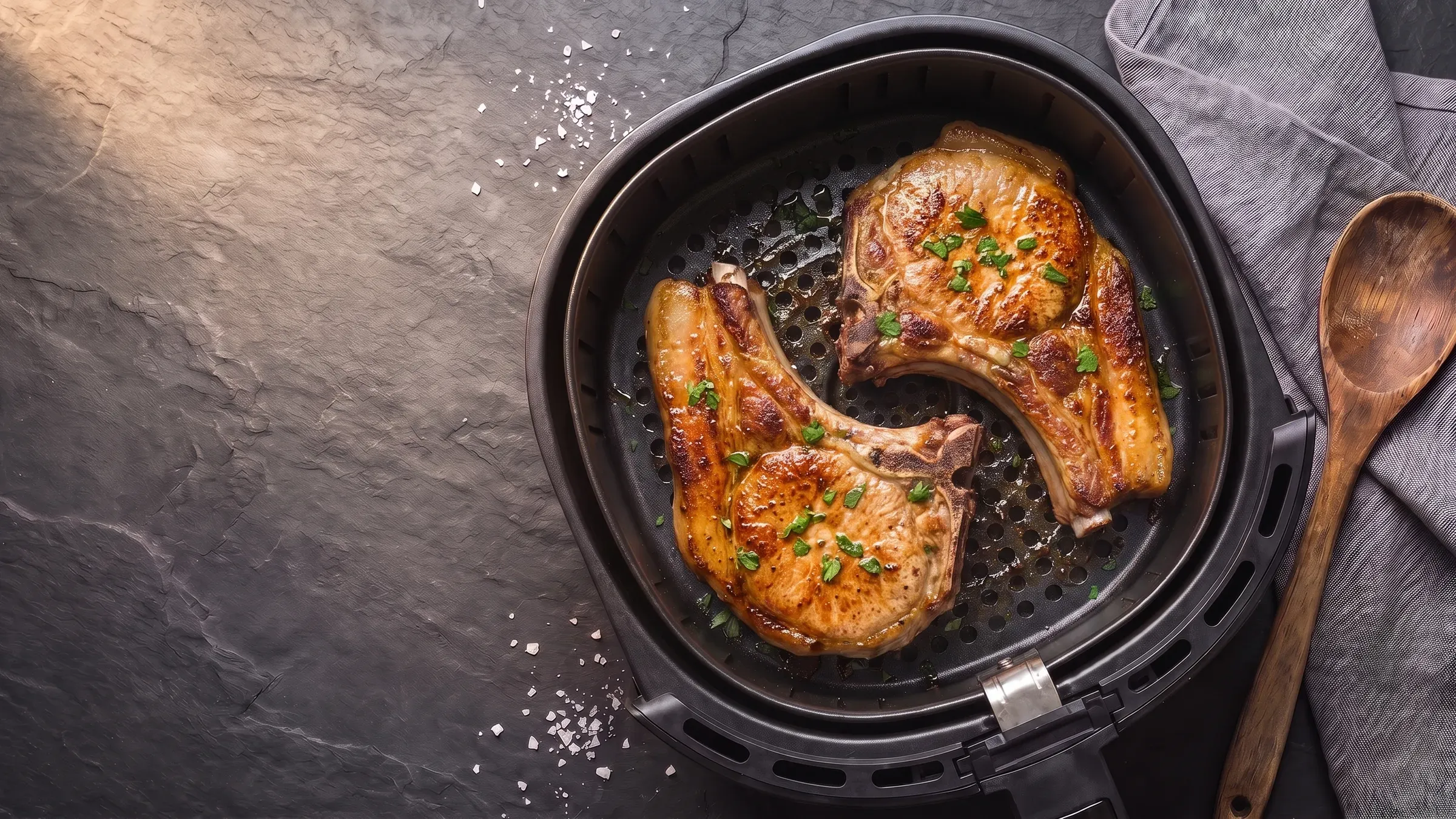 Illustrative photo of two seared bone-in pork chops in a black air fryer basket