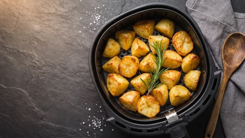 Illustrative photo of golden roast potatoes in a black air fryer basket