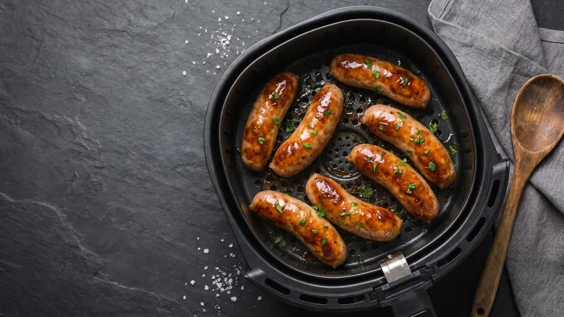 Illustrative photo of browned sausages in a black air fryer basket