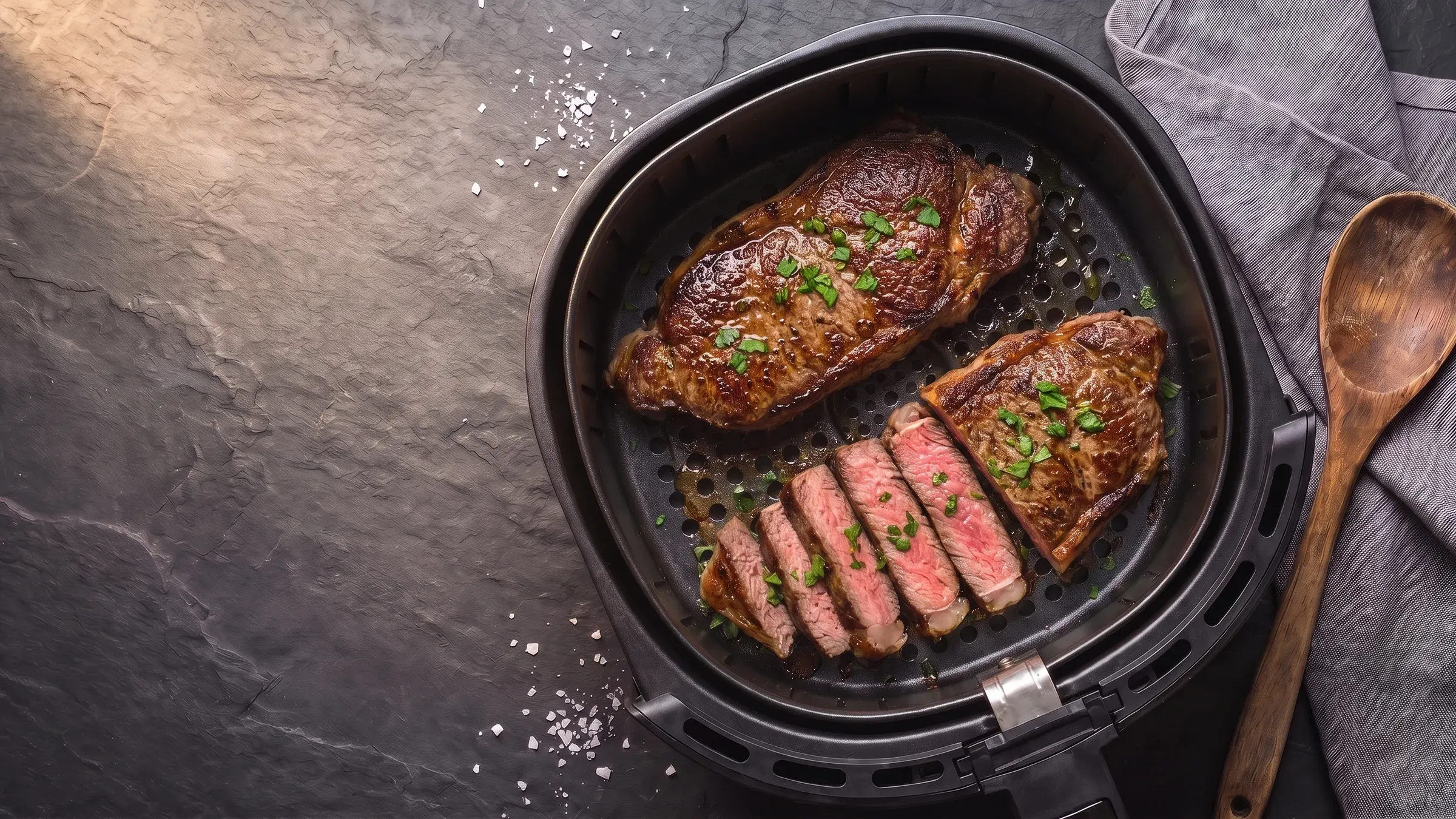 Illustrative photo of two seared sirloin steaks, one sliced to a pink centre, in a black air fryer basket