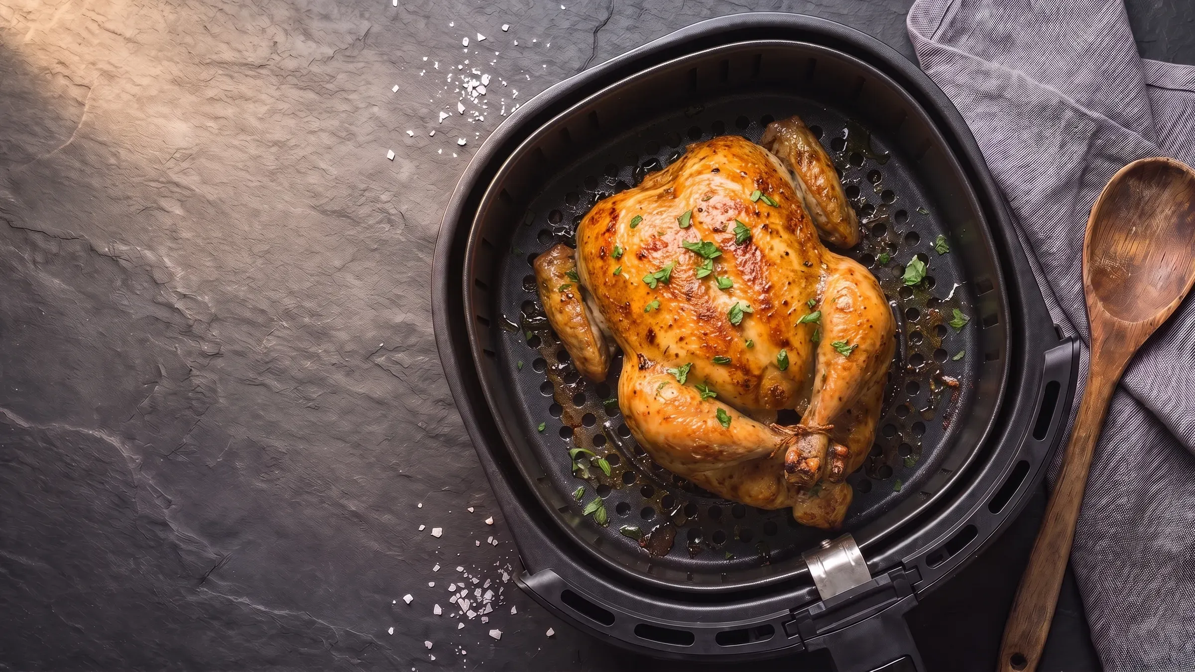 Illustrative photo of a whole roast chicken with golden skin in a black air fryer basket
